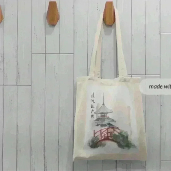 Mahjong inspired print of a bridge and tower recycled canvas tote bag - Picture 5 of 6